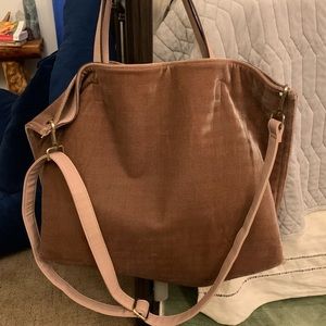 Pink leather and velvet tote bag